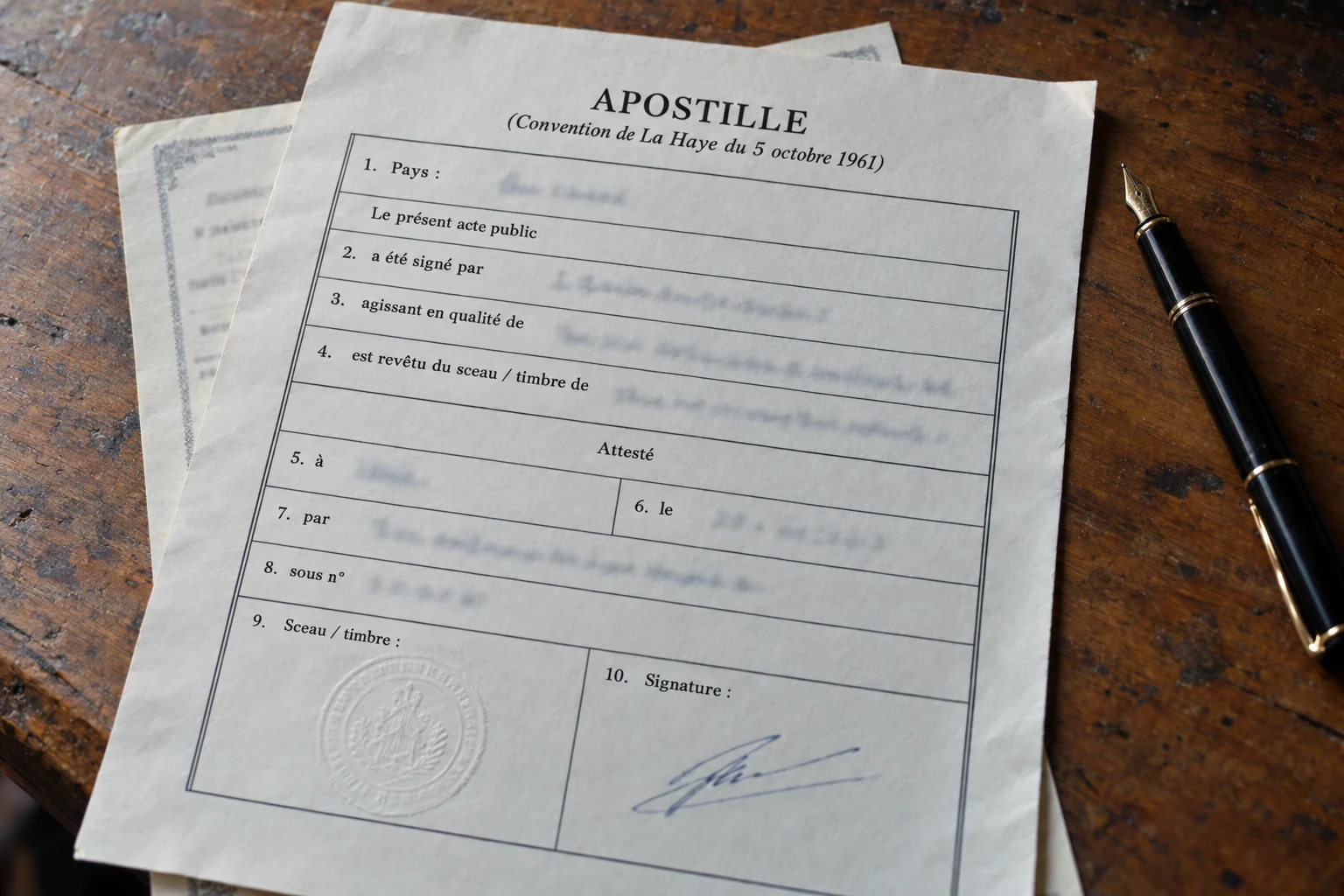Apostila de Haia preenchida, com selo em relevo e assinatura, no modelo oficial da Convenção de Haia de 1961