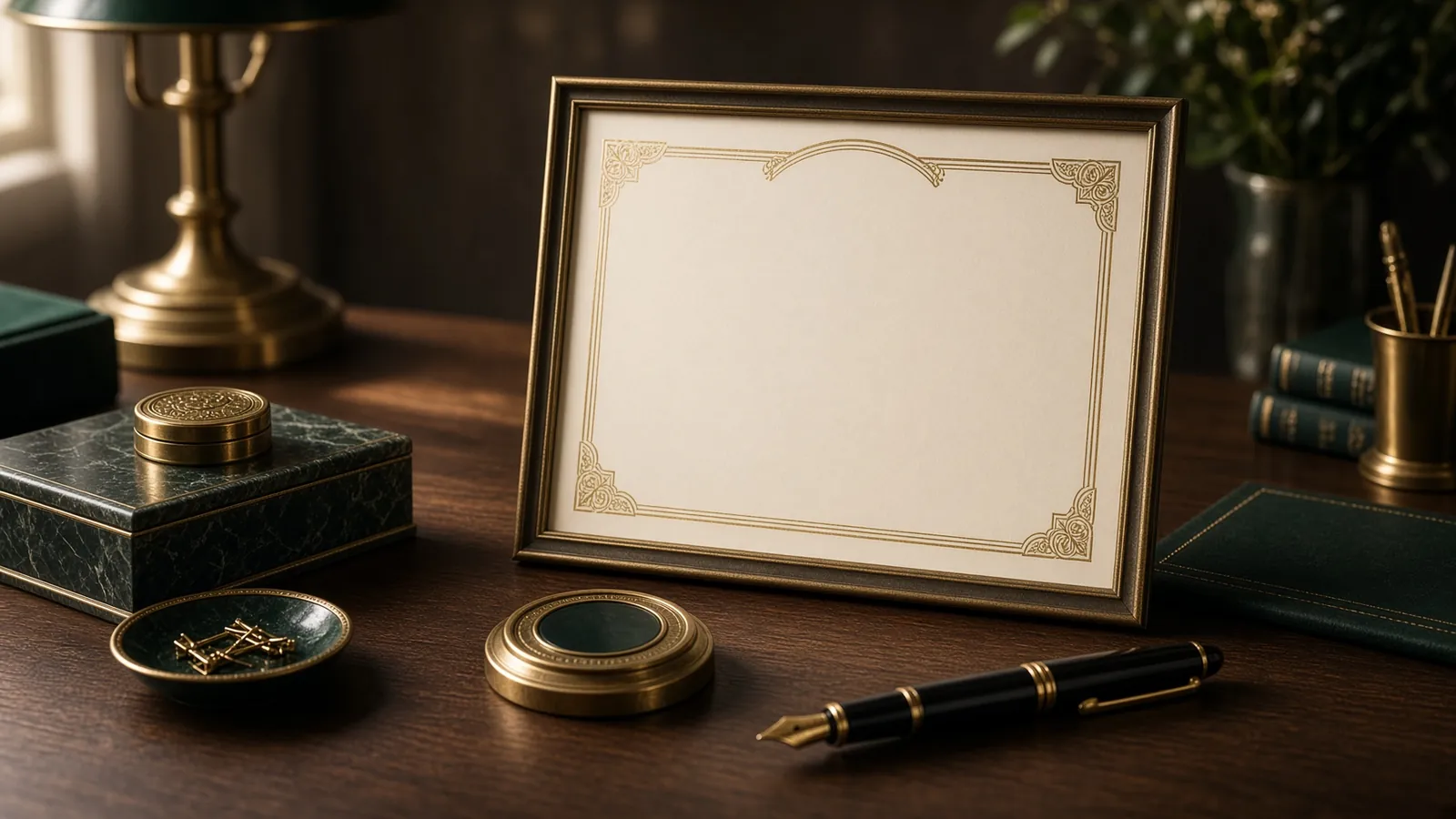 Certificado emoldurado, carimbo oficial redondo e caneta-tinteiro sobre uma mesa, ilustrando como se tornar tradutor juramentado