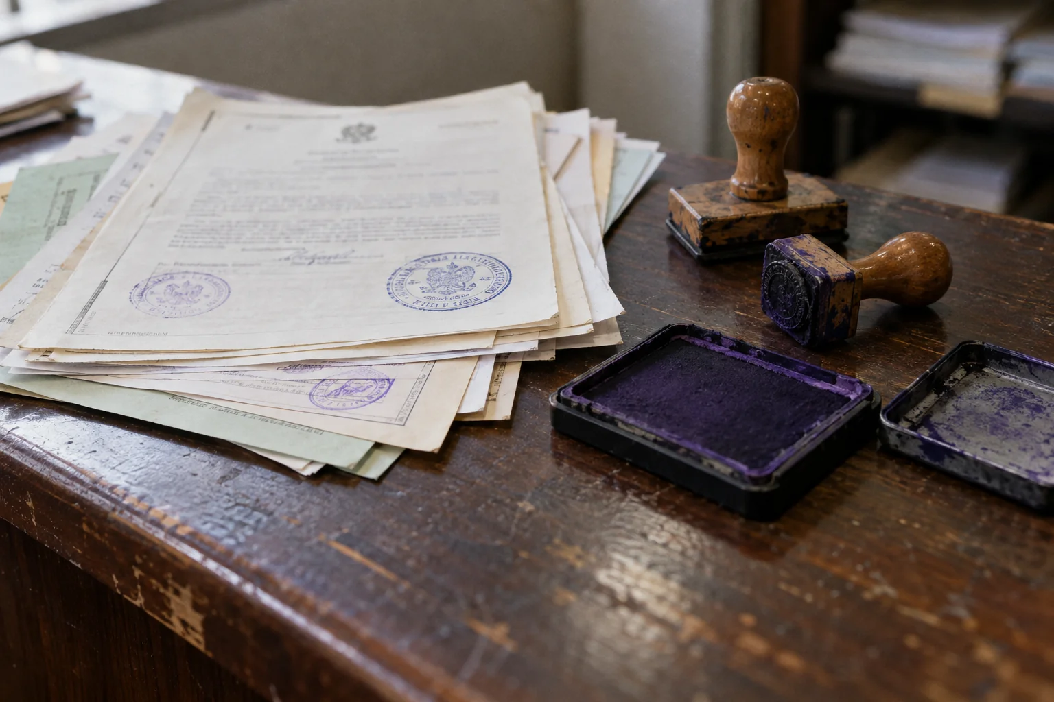 Documentos estrangeiros com carimbos oficiais e almofada de tinta sobre a mesa, para tradução juramentada no Brasil
