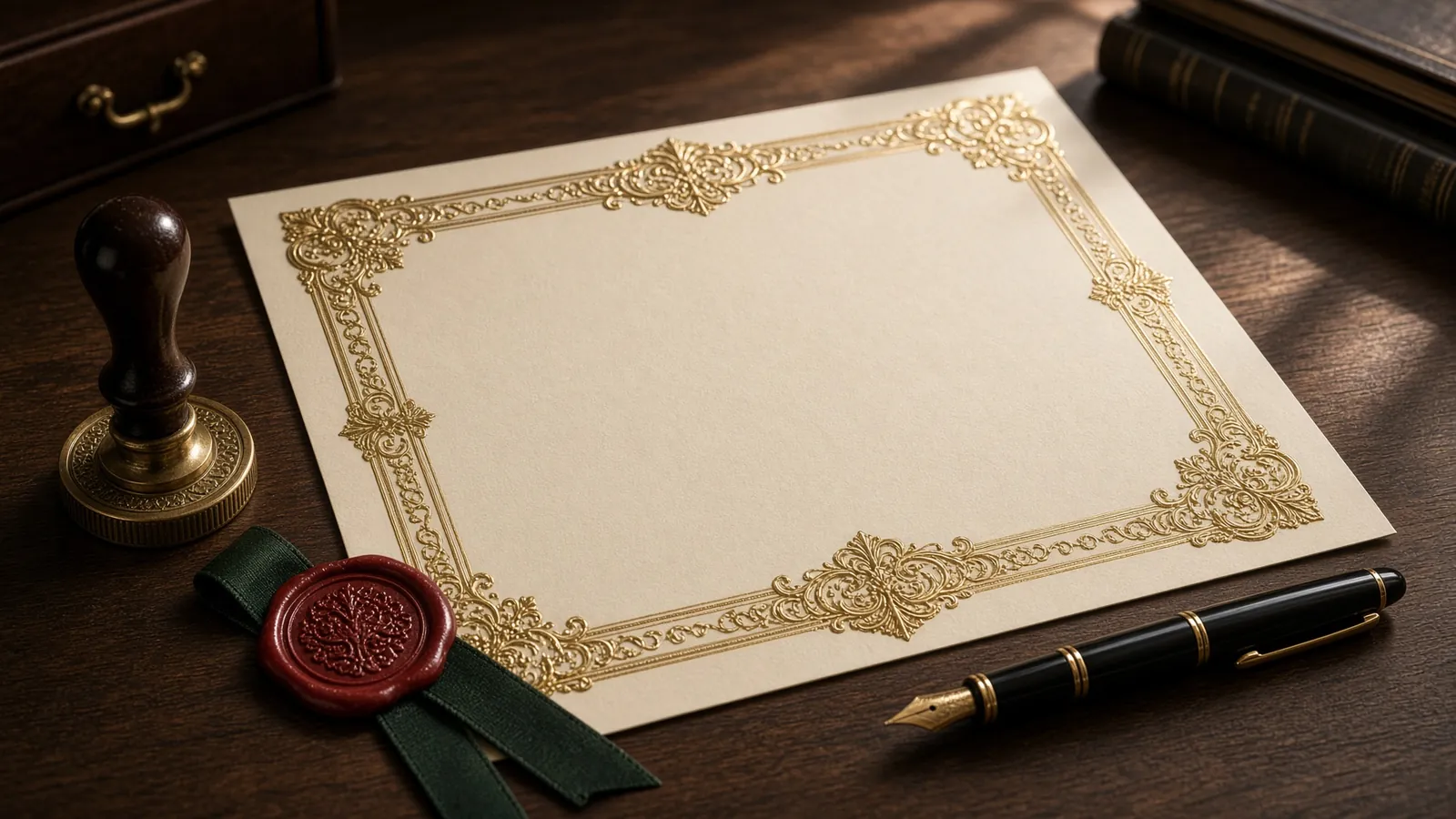Certificado creme com borda dourada, carimbo redondo, selo de cera vermelho e caneta, ilustrando o que é uma tradução juramentada