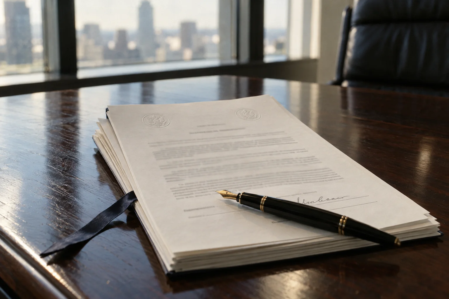 Contrato empresarial com selos e caneta sobre a mesa de uma sala de reunião, para tradução juramentada para empresas