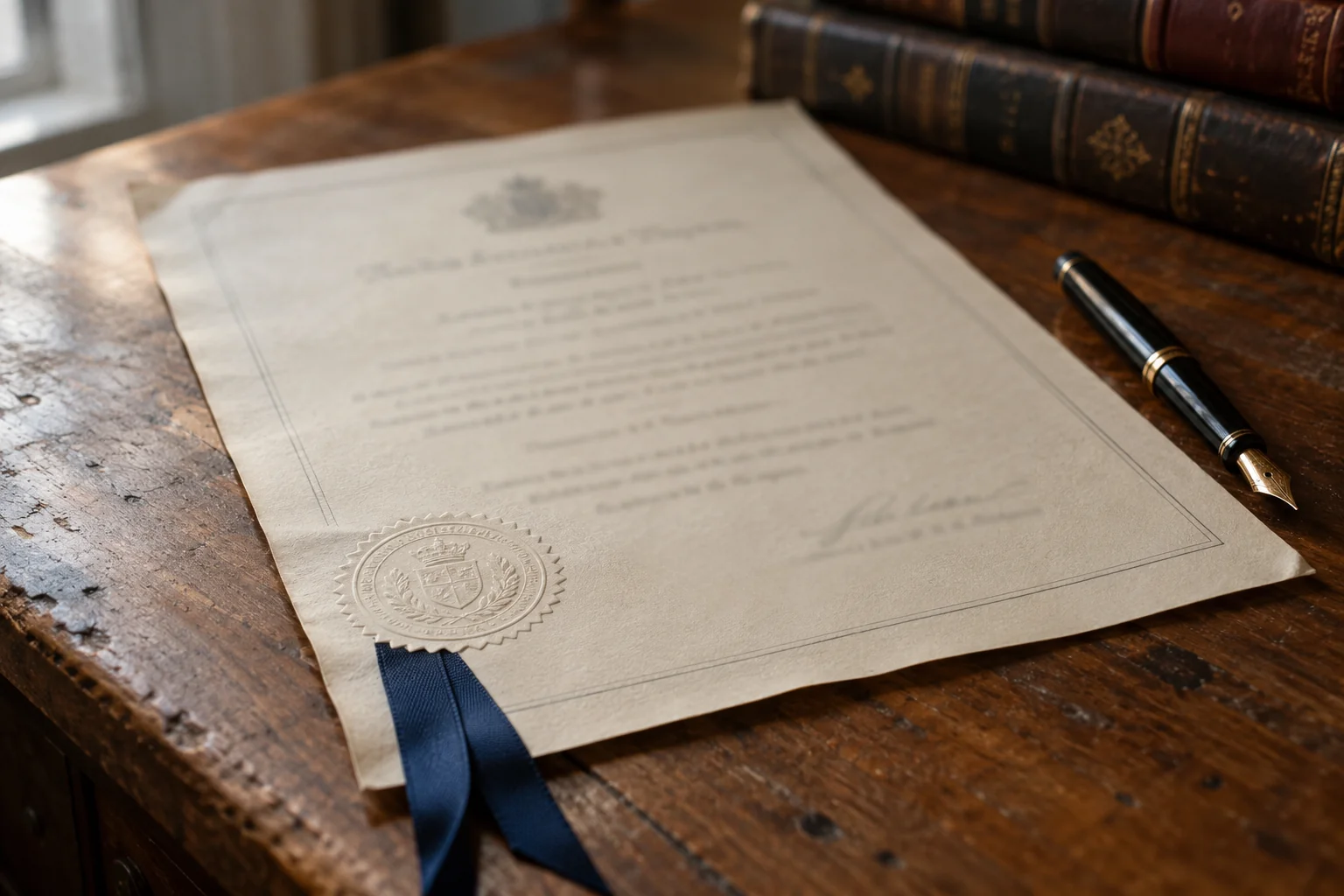 Documento de tradução juramentada com selo em relevo e fita azul sobre a mesa de um tradutor público
